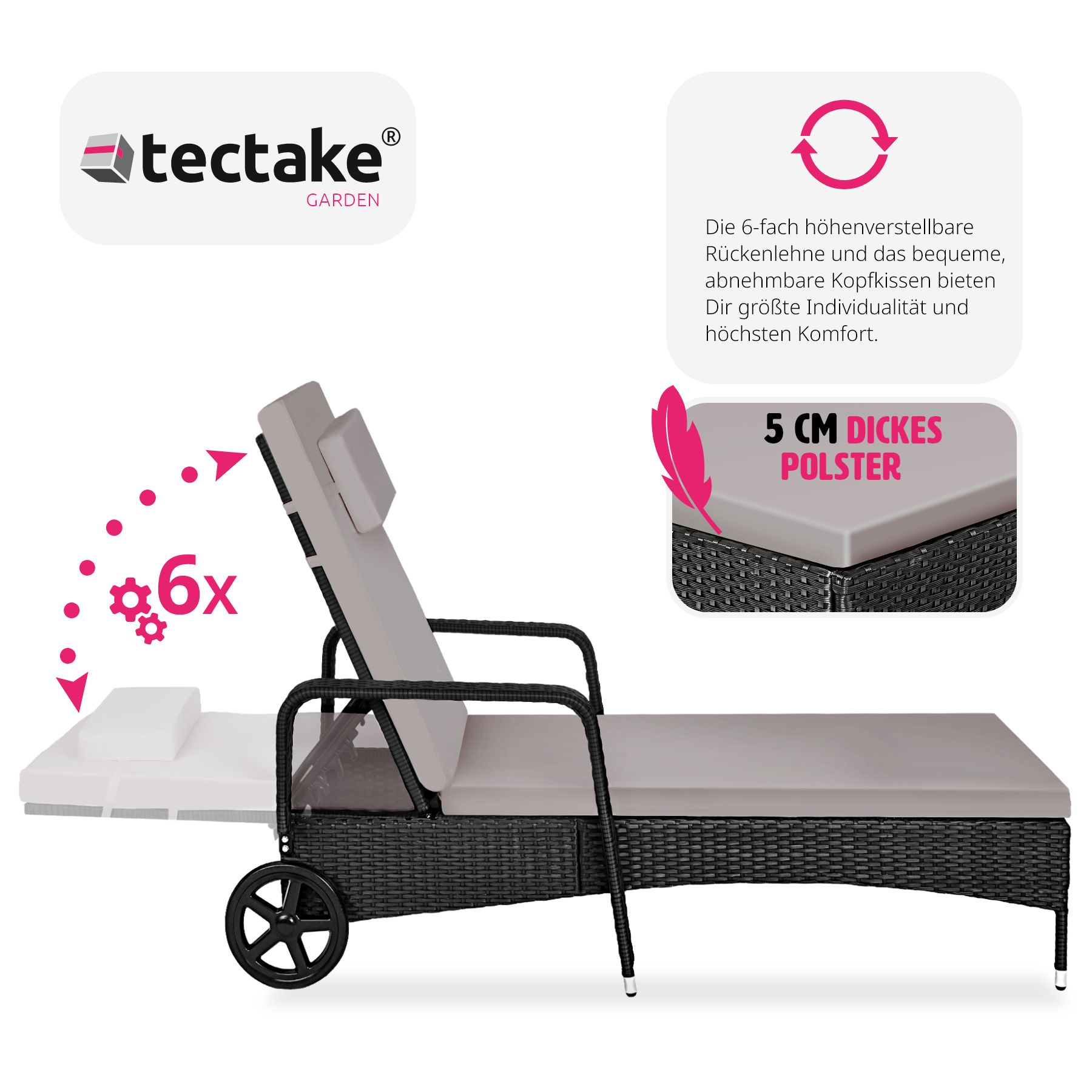 tectake® Rattan Sonnenliege, mit Aluminiumgestell, 6-fach verstellbare Rückenlehne, 196 x 72 x 57 - 94,5 cm