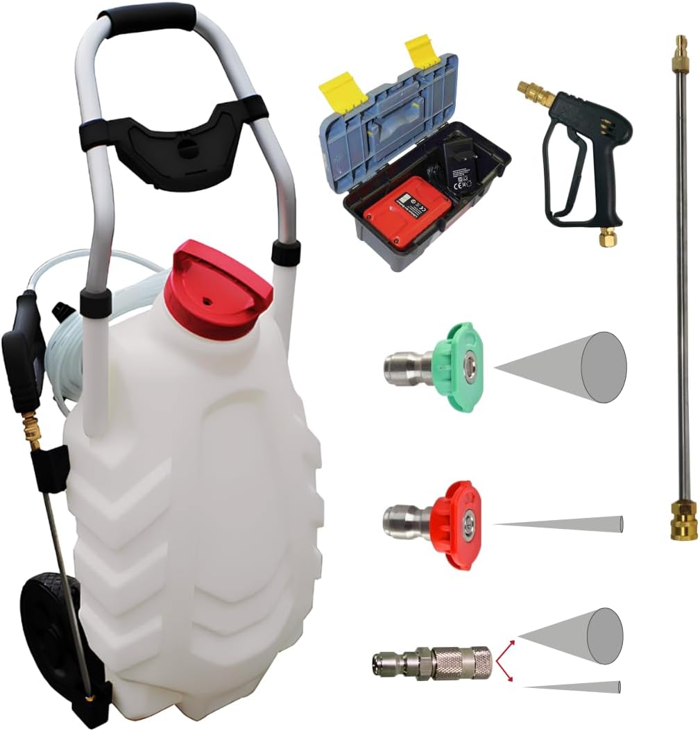 Elektrischer Drucksprüher Pro 28L – Akku Drucksprüher mit 10m Reichweite, 240 L/h Durchfluss, 8m Schlauch – 1 Batterie, Weiß