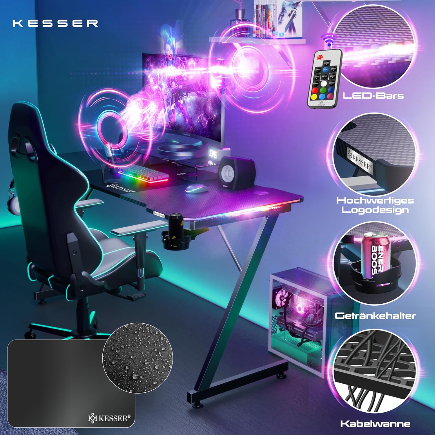 KESSER® Gaming Tisch LED 160cm x 60cm | Z-Form Gamer Schreibtisch | Kopfhörerhaken & Kohlebeschichtung | Ergonomischer PC Computertisch | Stabiler Tisch mit Getränkehalter Schwarz