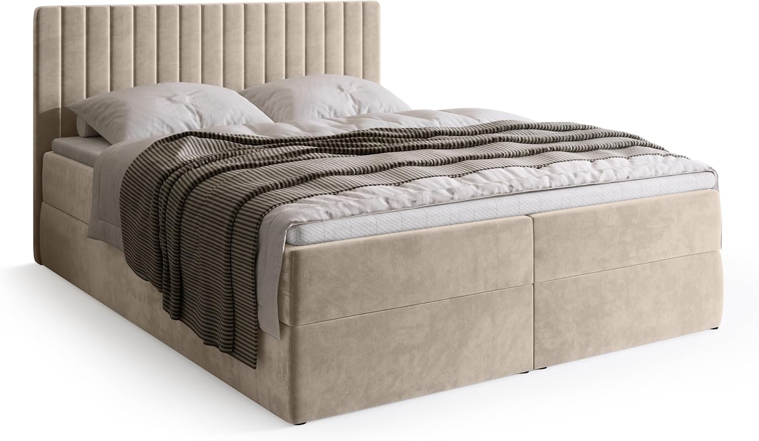 BROMARKT Boxspringbett mit Bettkasten Polsterbett mit Bonell-Matratze und Topper Doppelbett mit Stauraum Bett für Schlafzimmer gepolstertes Kopfteil Dream 140x200 Härtegrad H3 Samtstoff Beige