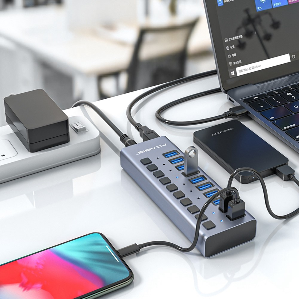 (15cm) 10-fach  Aktiver Aluminium USB 3.0 Hub Steuerung Tastenschalter 5GB/s   Netzteil (12V/4A) - Grau