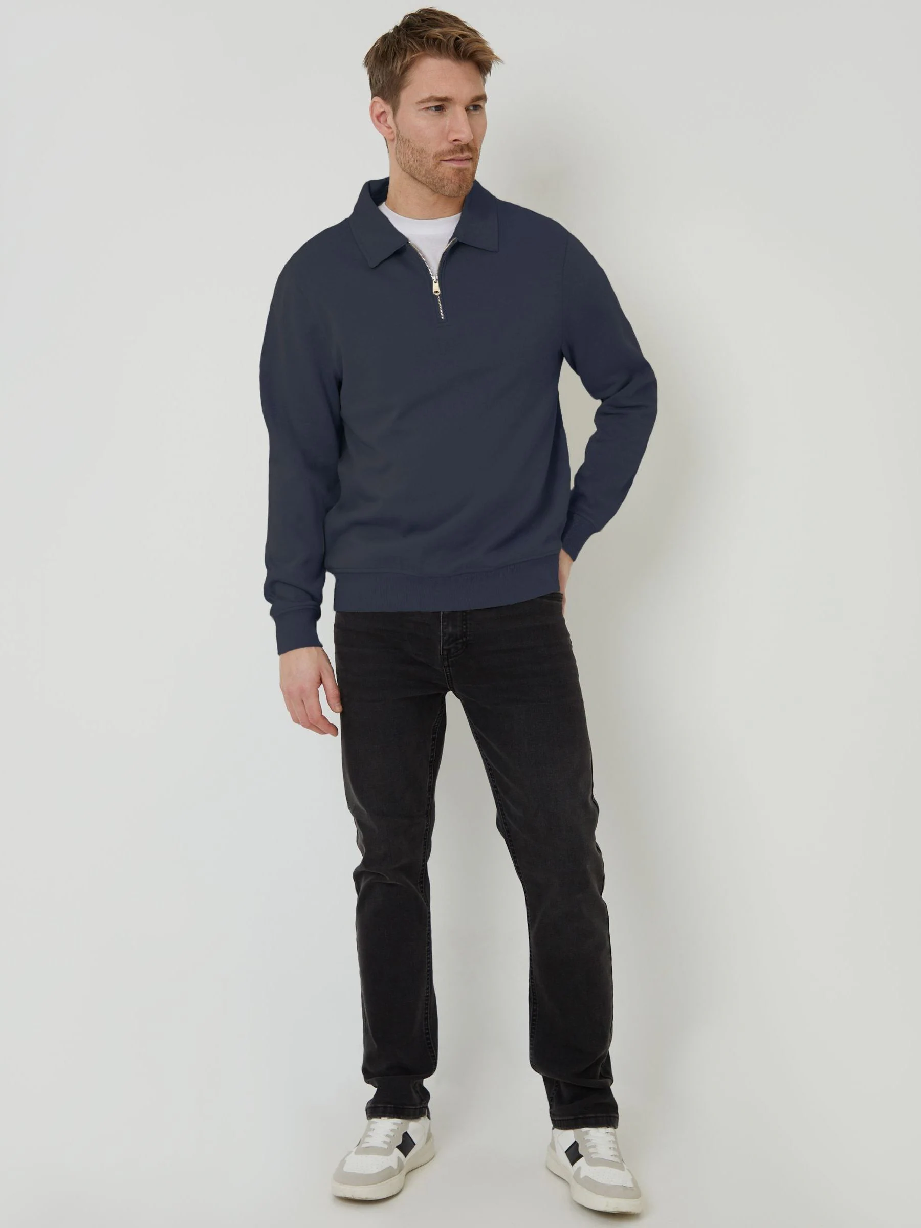 Marineblauw - Threadbare Quarter Zip Collared Sweatshirt