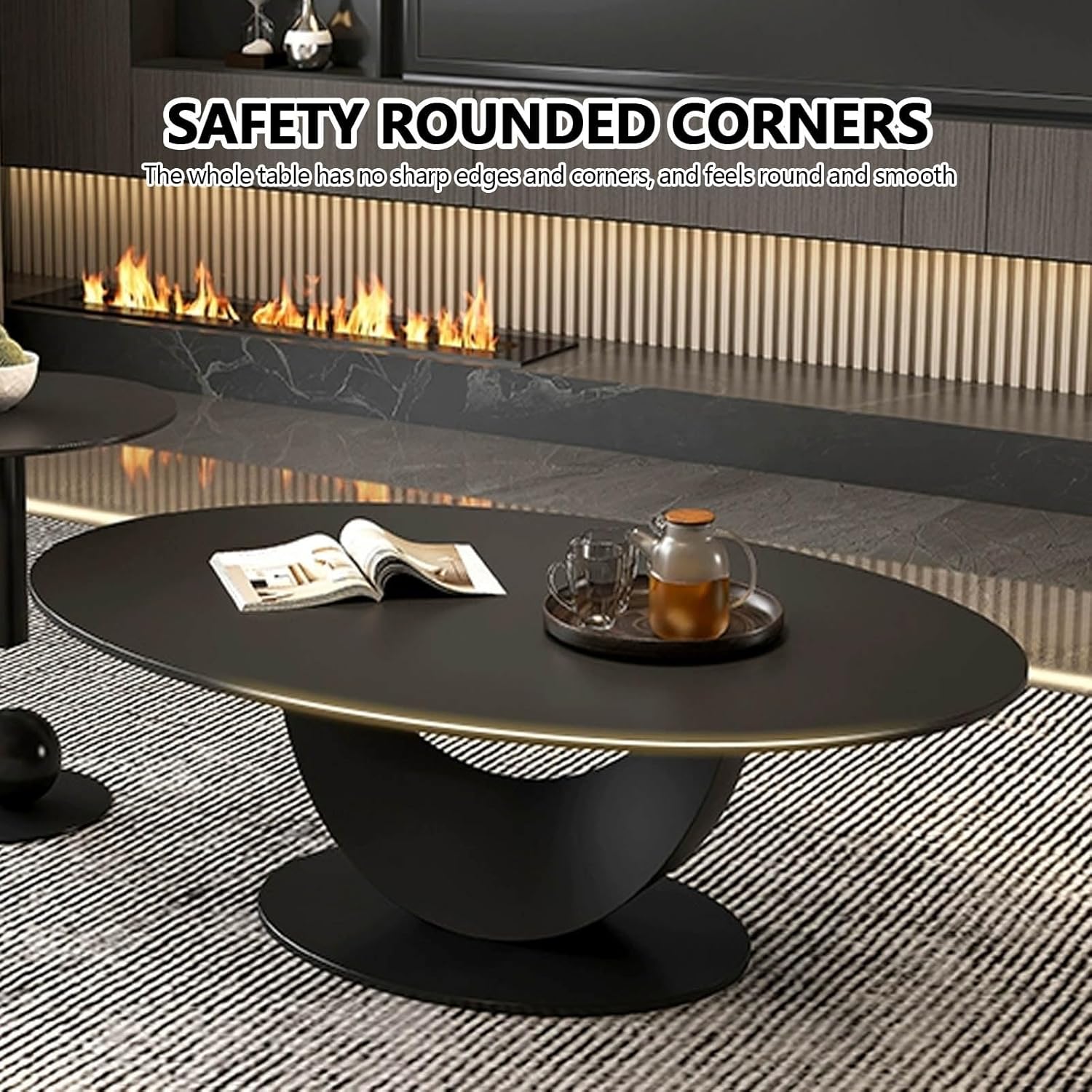 Schwarzer Ovaler Couchtisch - Minimalistischer Wohnzimmertisch im Landhausstil, Großer Moderner Couchtisch für das Wohnzimmer, Einzigartiges Design aus der Mitte des Jahrhunderts