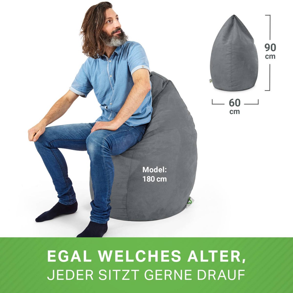 Green Bean Zitzak met rugleuning 60x60x90cm - Binnenzitkussen 220L vulling, comfortabel, wasbaar - Zitzak vloerkussen, loungestoel, voetenbank - grijs