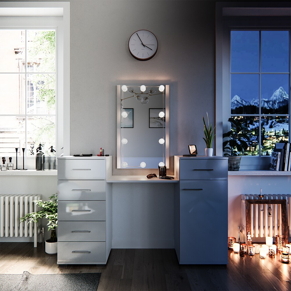Vicco Schminktisch Zoe Frisiertisch Frisierkommode Spiegel Weiß Hochglanz inklusive LED-Lichterkette