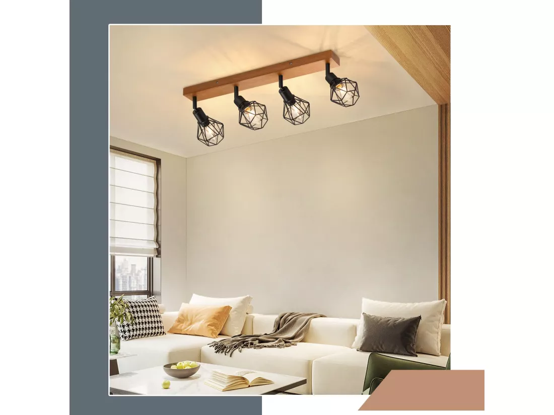 NETTLIFE 4 spots de plafond noir E14 bois vintage métal, plafonnier orientable à 350° pour intérieur chambre salon salle à manger cuisine max 25W
