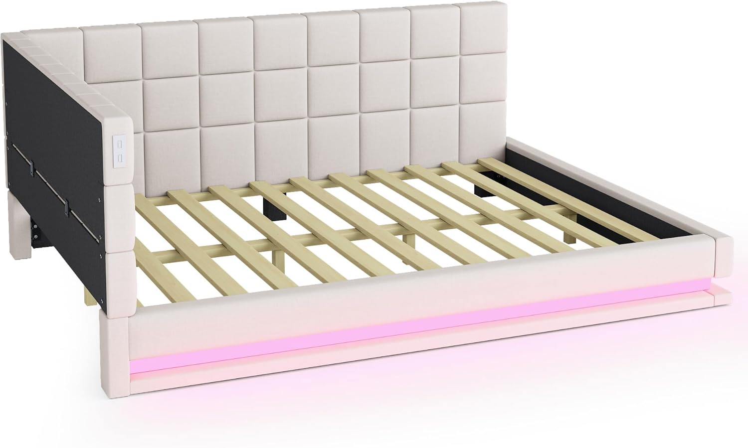 okwish Schlafsofa Daybett 140x200cm mit Lattenrost und LED Lichtleiste, Tagesbett Polsterbett mit USB Steckdose, Kinderbett Jugendbett (Ohne Matratze)- Beige