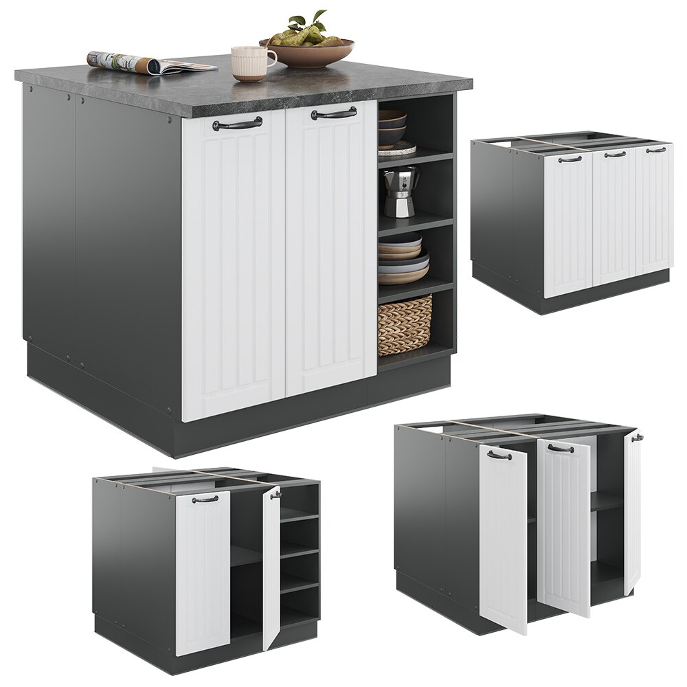 Vicco Kücheninsel Küchenblock Einbauküche Fame-Line Landhaus Anthrazit Weiß 90 cm Küchen Schränke Regalunterschrank Küchenunterschrank Regalinselunterschrank Softclose-Scharnier Küchenmöbel
