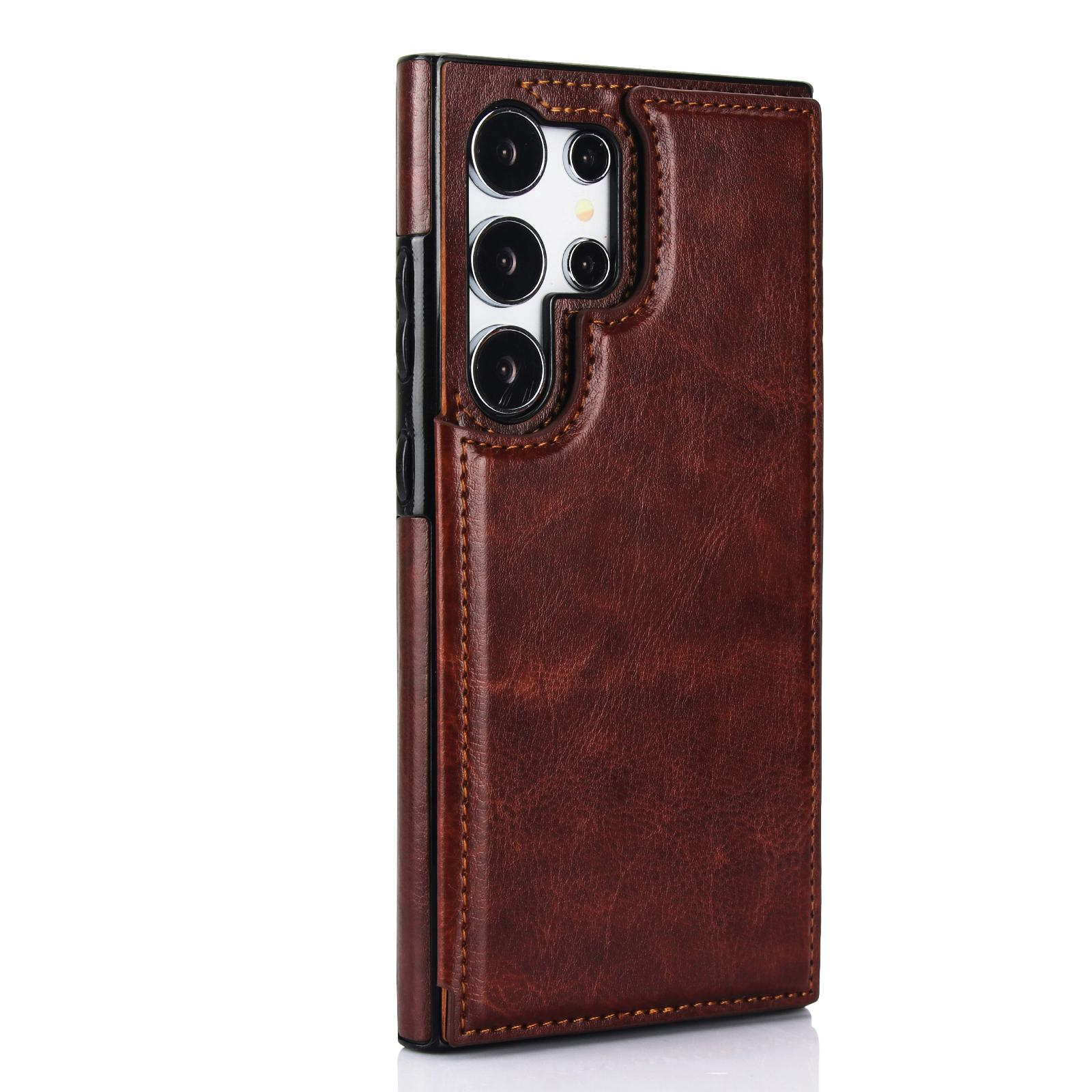 Samsung Galaxy S24 Ultra Hybrid Leder Hülle mit Kartenfach   Kickstand Aufsteller - Braun