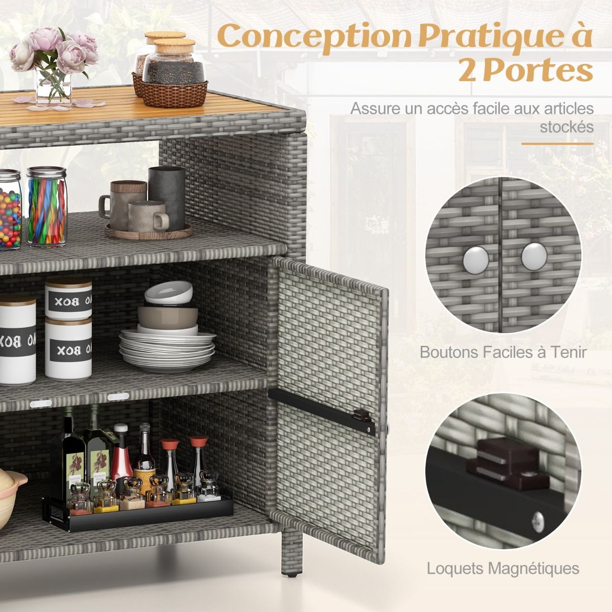 Armoire de Rangement Exterieur en Rotin Armoire de Jardin avec Plateau en Bois d'Acacia Compartiment Ouvert Buffet à 2 Portes - Lidl-Manfred
