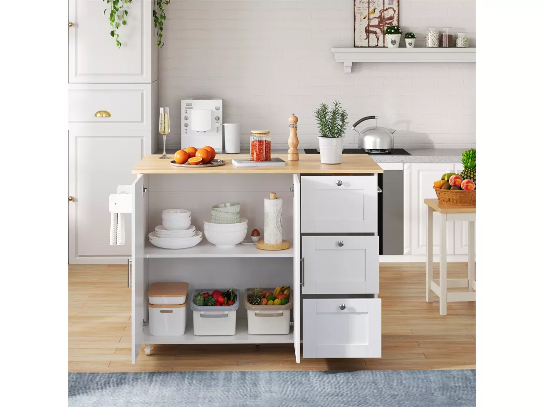 Ilot central de cuisine mobile avec 2 portes et 3 tiroirs - Plateau extensible - 135x44(70)x90 cm - Bois MDF - Blanc et naturel