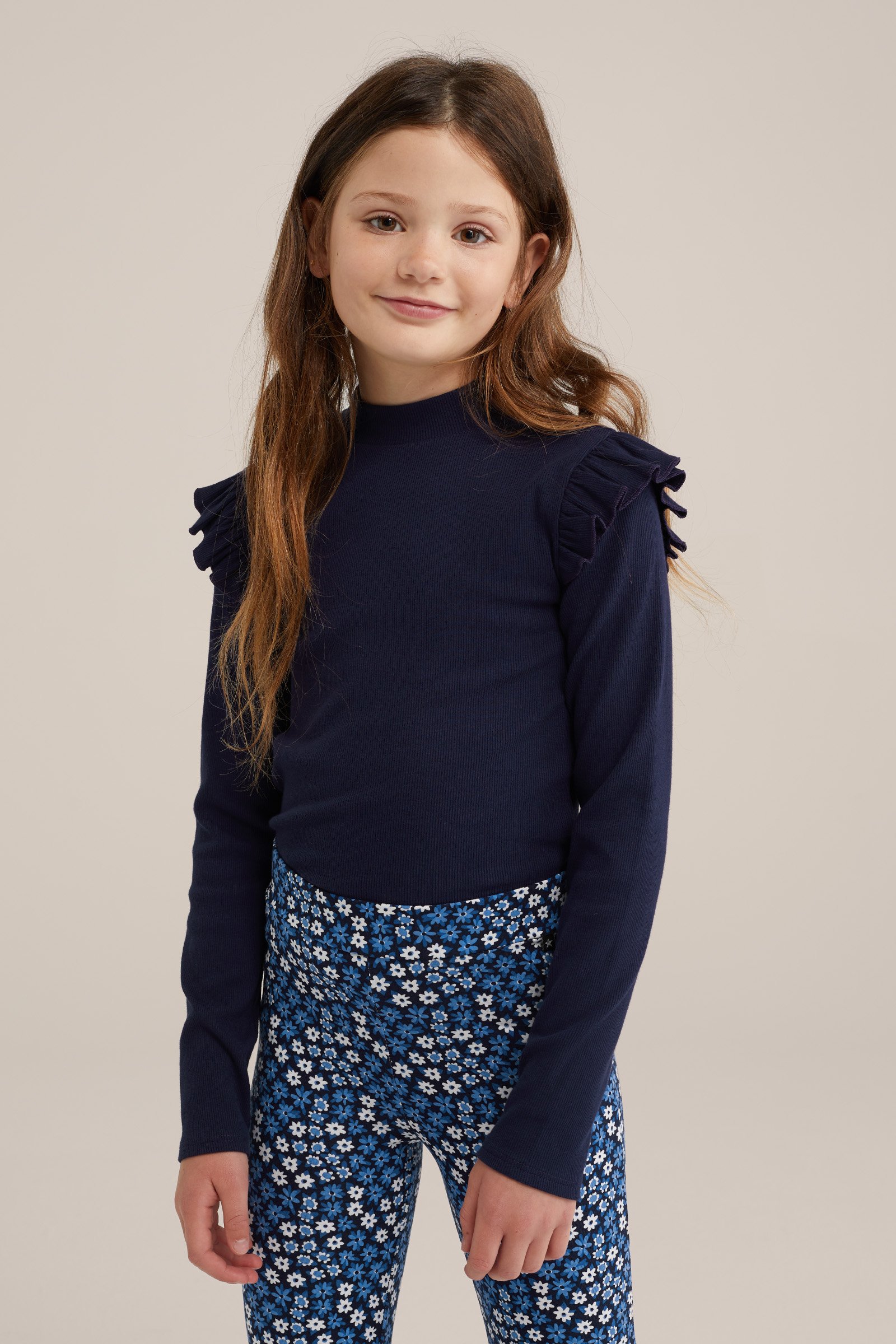 Meisjes geribd T-shirt met ruches WE Fashion Donkerblauw