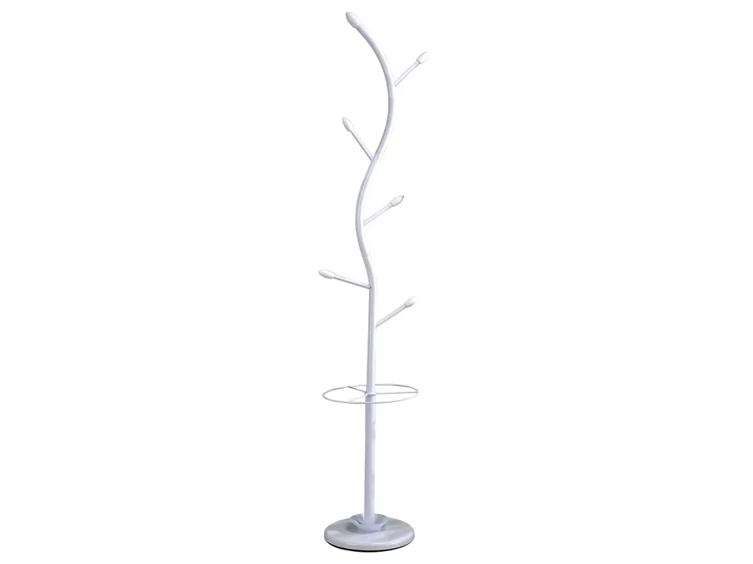 Porte-manteaux TRIANA portant à vêtements sur pied en forme d'arbre avec 6 crochets et un porte parapluie, métal laqué blanc et bois