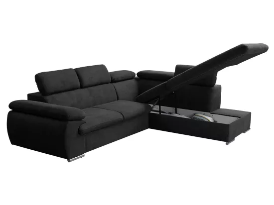 Canapé d'angle droit convertible en tissu noir avec coffre de rangement FABIEN