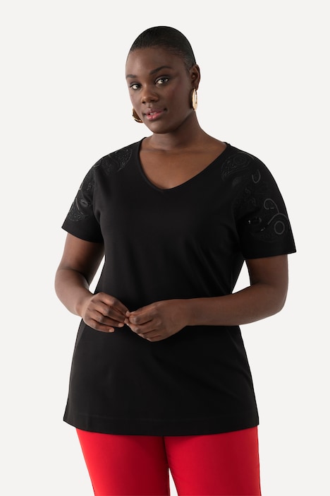 T-Shirt, Pailletten-Stickerei, Oversized, V-Ausschnitt, Halbarm
