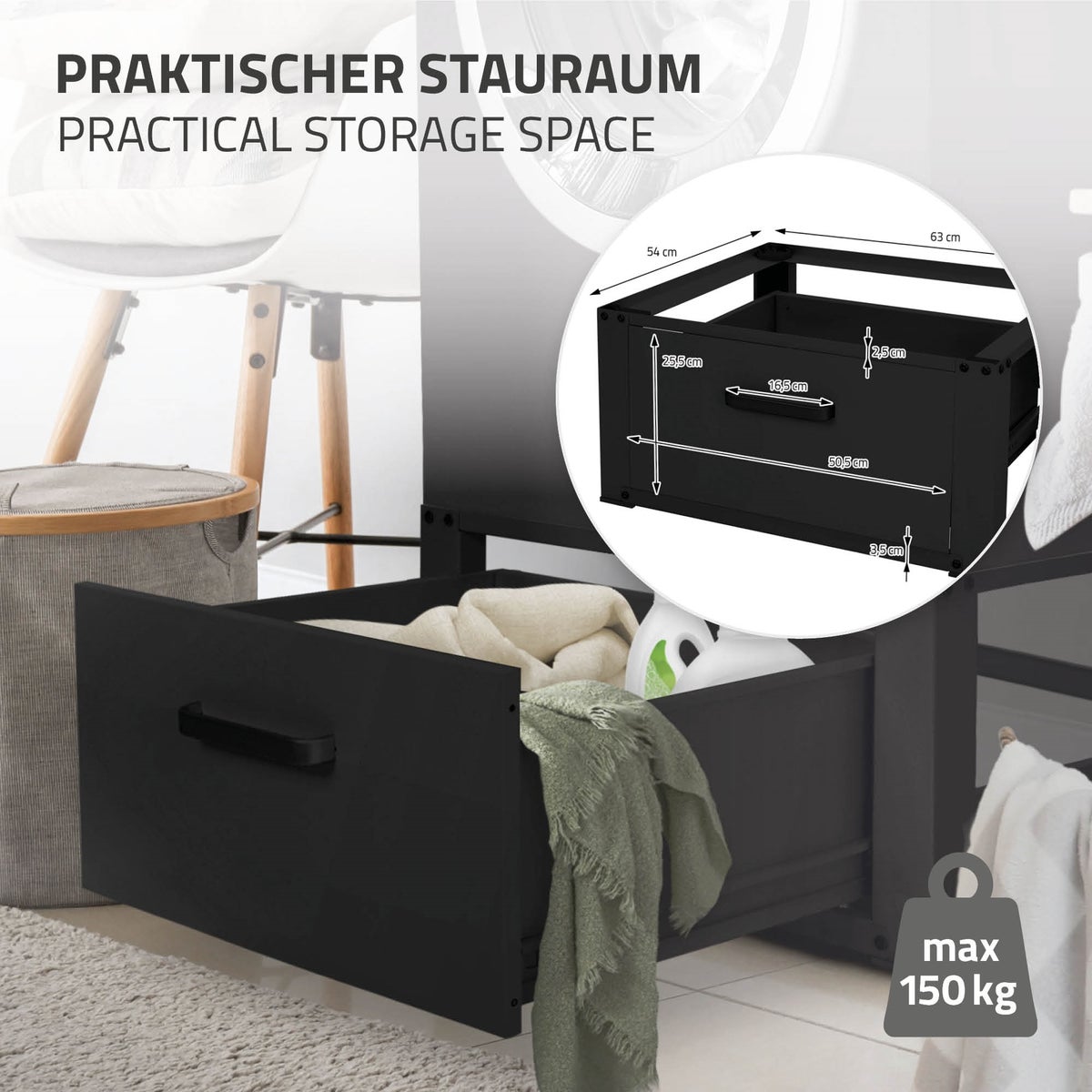 ML-Design Wasmachine Onderstel met Lade 63x54cm Staal Zwart tot 150kg, Wasmachinekast, Stabiele Wasmachine Onderstel, H=31,5cm Voetstuk Verlengstuk voor Droger/Koelkast