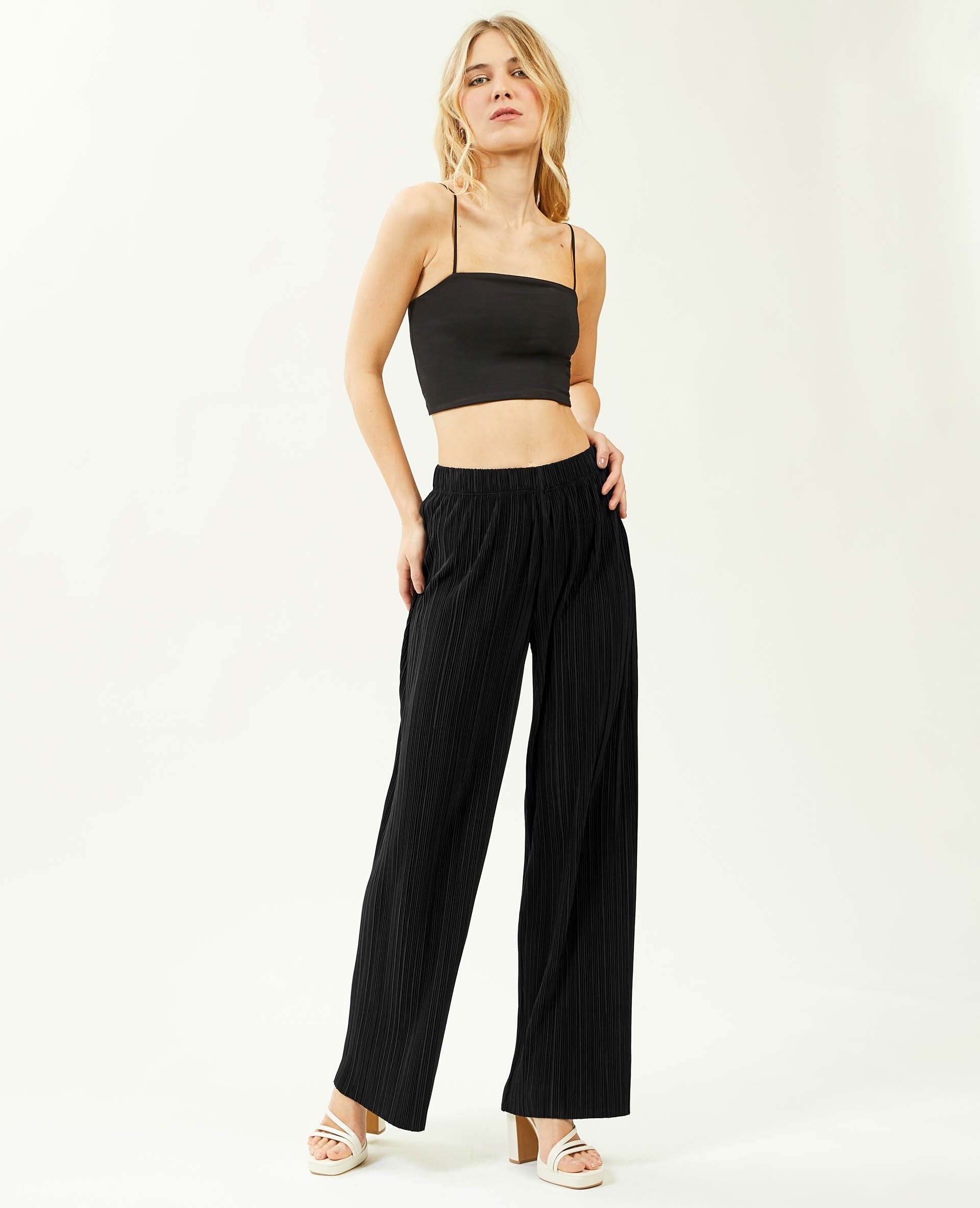 Pantalon large maille plissée - Noir