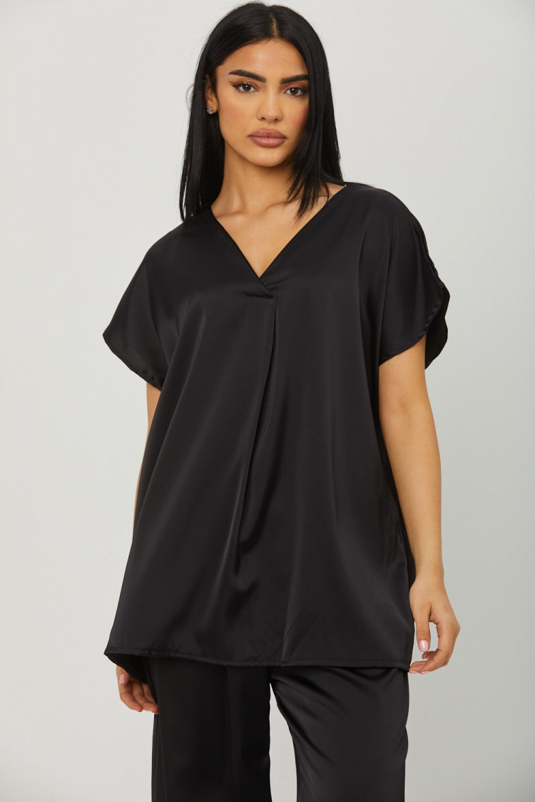 Ensemble 2 pièces blouse + pantalon satiné noir