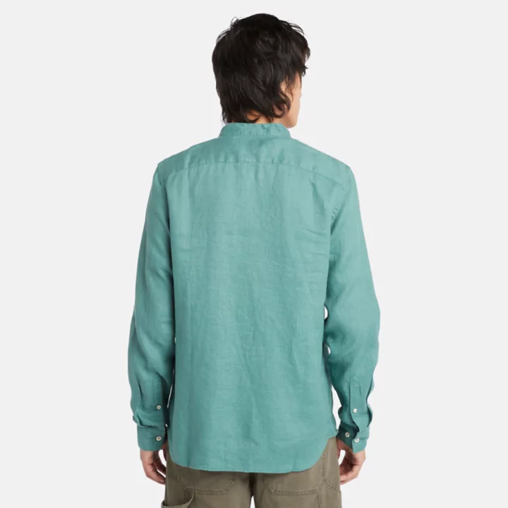 Chemise en lin Mill Brook à col Mao pour homme en bleu sarcelle