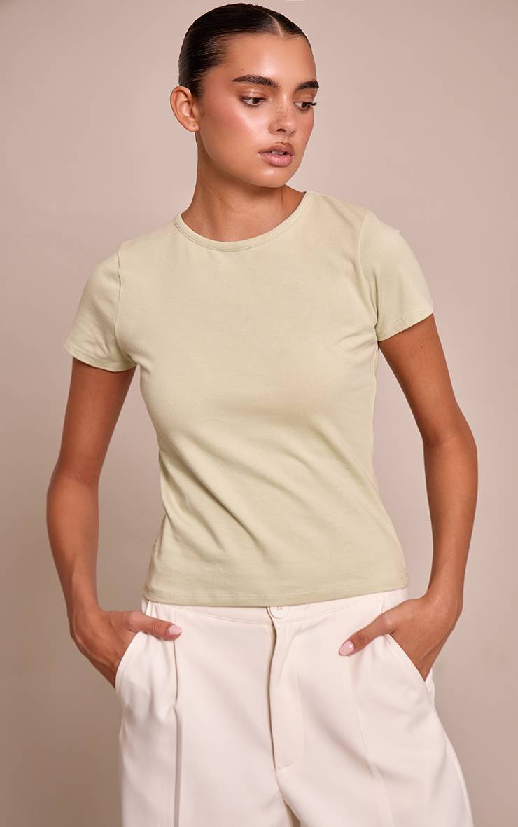 Vert Sauge T-shirt En Coton À Col Rond Coupe Longue Et Manches Courtes