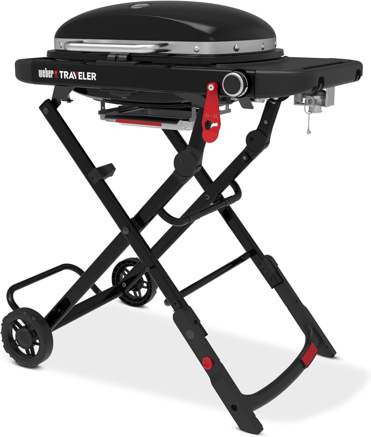 Weber Traveler Compact Gasgrill/Klappbarer und tragbarer Gasgrill mit Rädern, automatischer Deckelverriegelung und integriertem Thermometer, 1 Brenner, Grillfläche 52 x 36 cm, schwarz