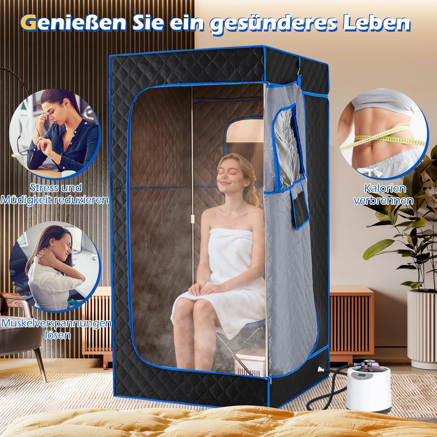 COSTWAY 3L Dampfsauna 1200W, Saunazelt mit 15-stufige Temperaturregelung, Fernbedienung, Timer, klappbarer Stuhl & Matte, Ganzkörpersaunabox tragbar Heimsauna (88 x 88 x 179 cm,Blau)