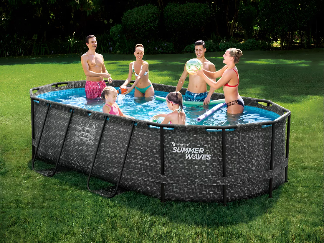 Piscine tubulaire ovale effet chevrons gris foncé avec pompe filtrante à cartouche - L424 x P250 x H100 cm - SALAMANQUE