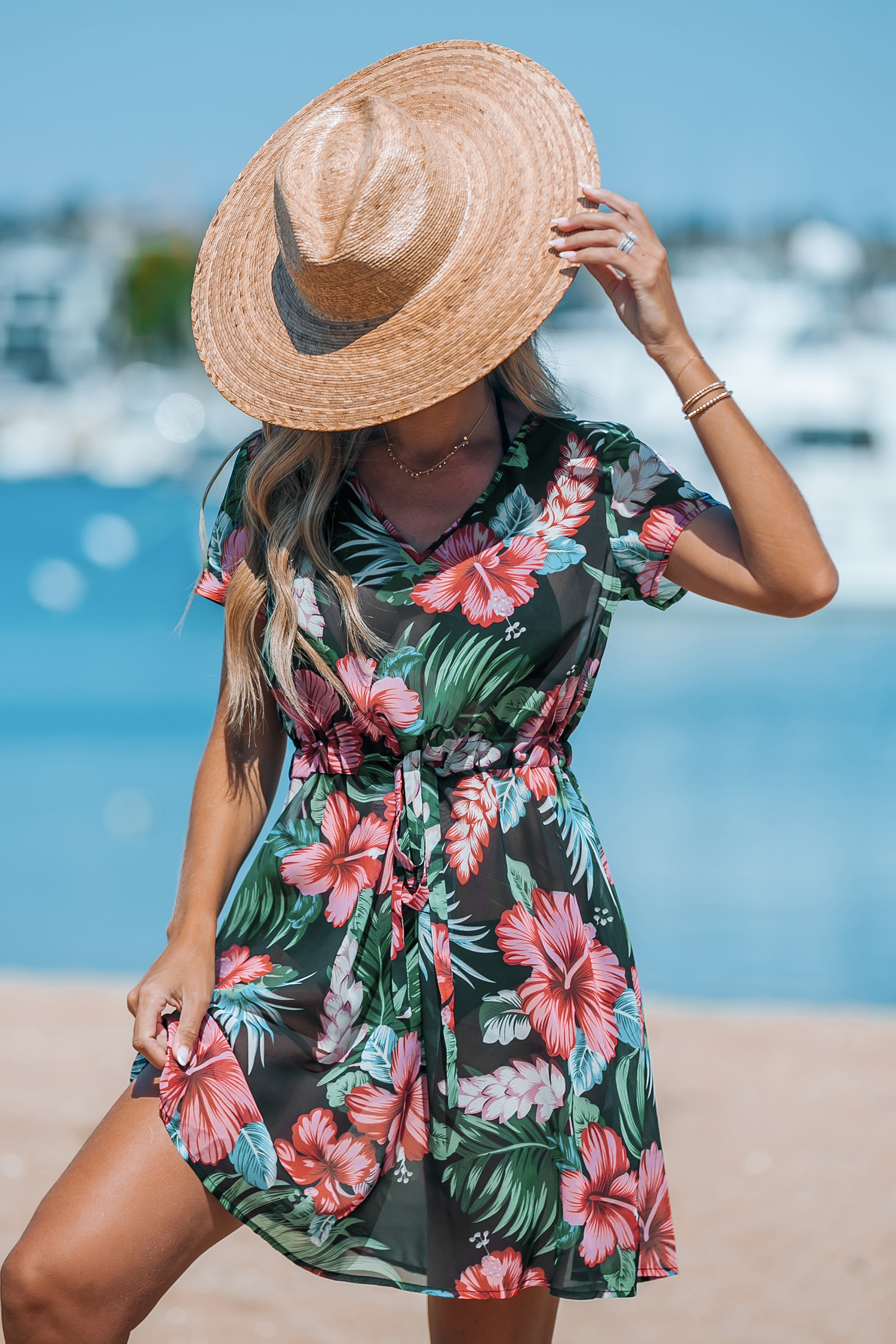 Robe cover up à manches courtes et taille à nouer