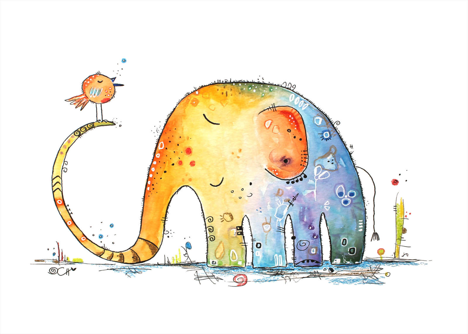 Leinwandbild ELEFANT UND VOGEL - blau-gelb - 70x50 cm