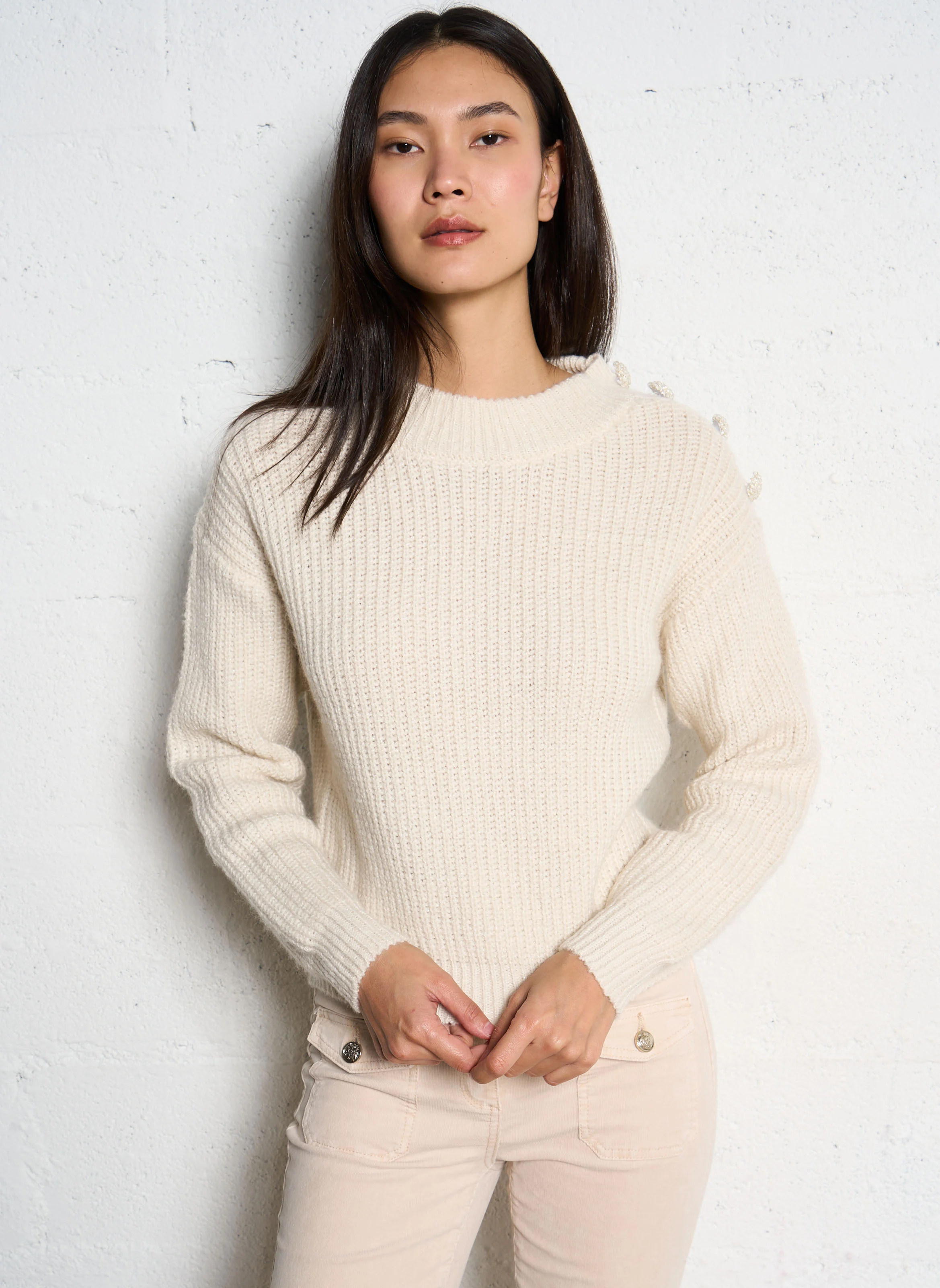 MORISOT - Pull col rond et boutons | Beige