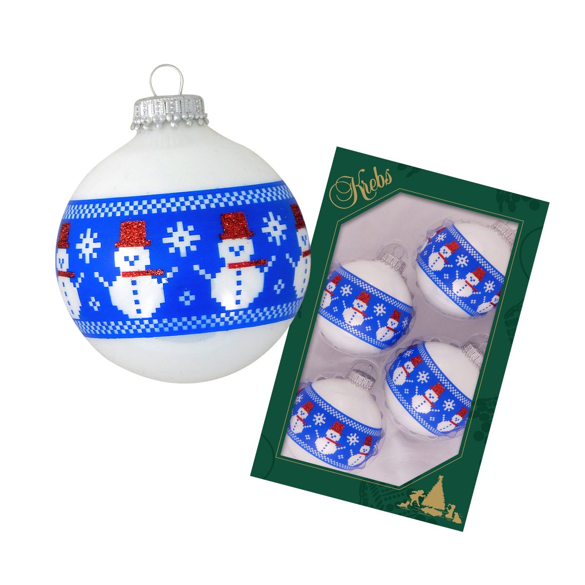 Porseleinen witte 7 cm glazen ballen met vastgenaaid sneeuwpoplint (4), 4 stuks, Kerstboomballen, Kerstboomversiering, Kerstboomornamenten