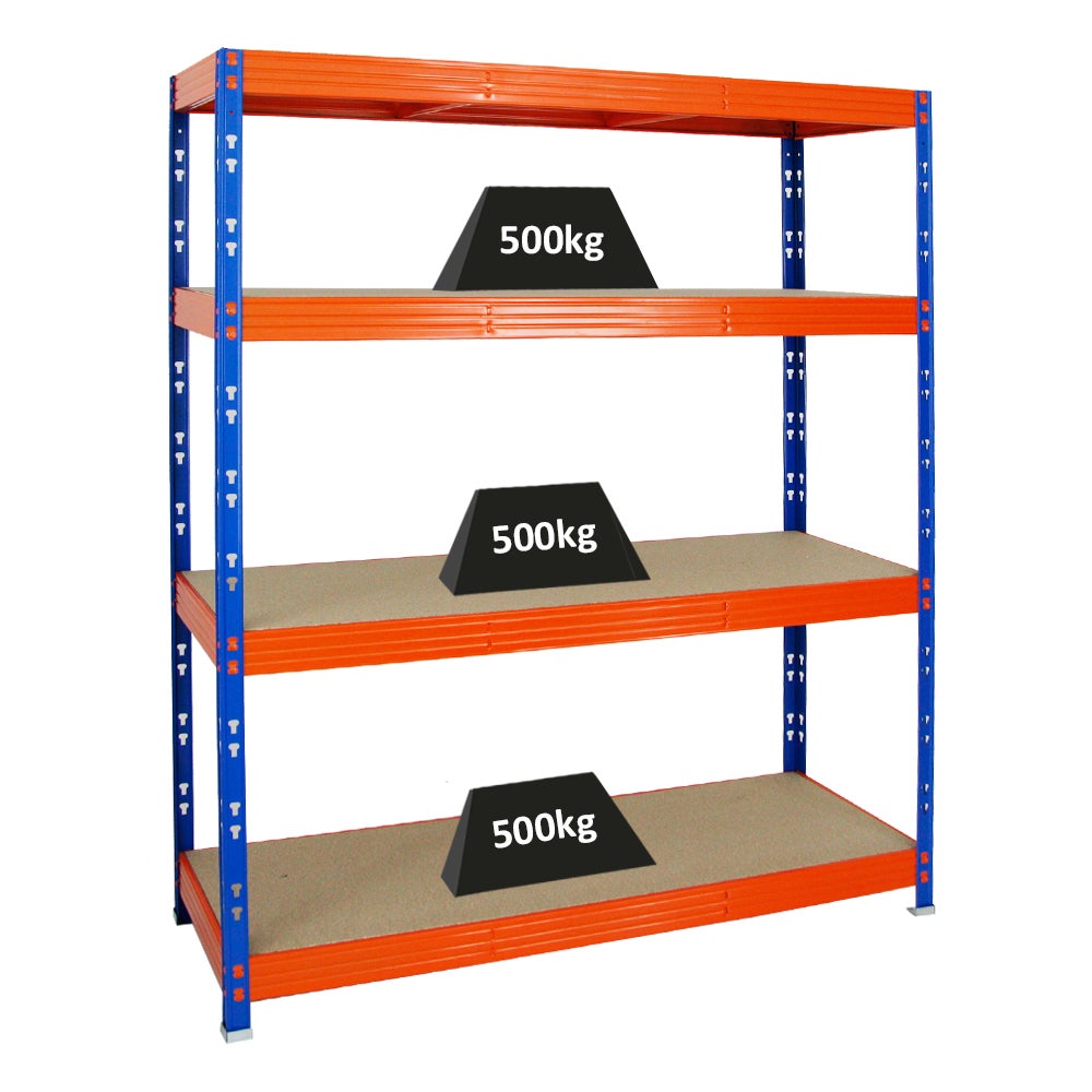 PROREGAL Professionele Heavy-Duty Stellingkast Rhino HxBxD 180 x 160 x 60 cm 4 Spaanplaat Planken 8mm Plank Draagvermogen 500 kg Blauw/Oranje