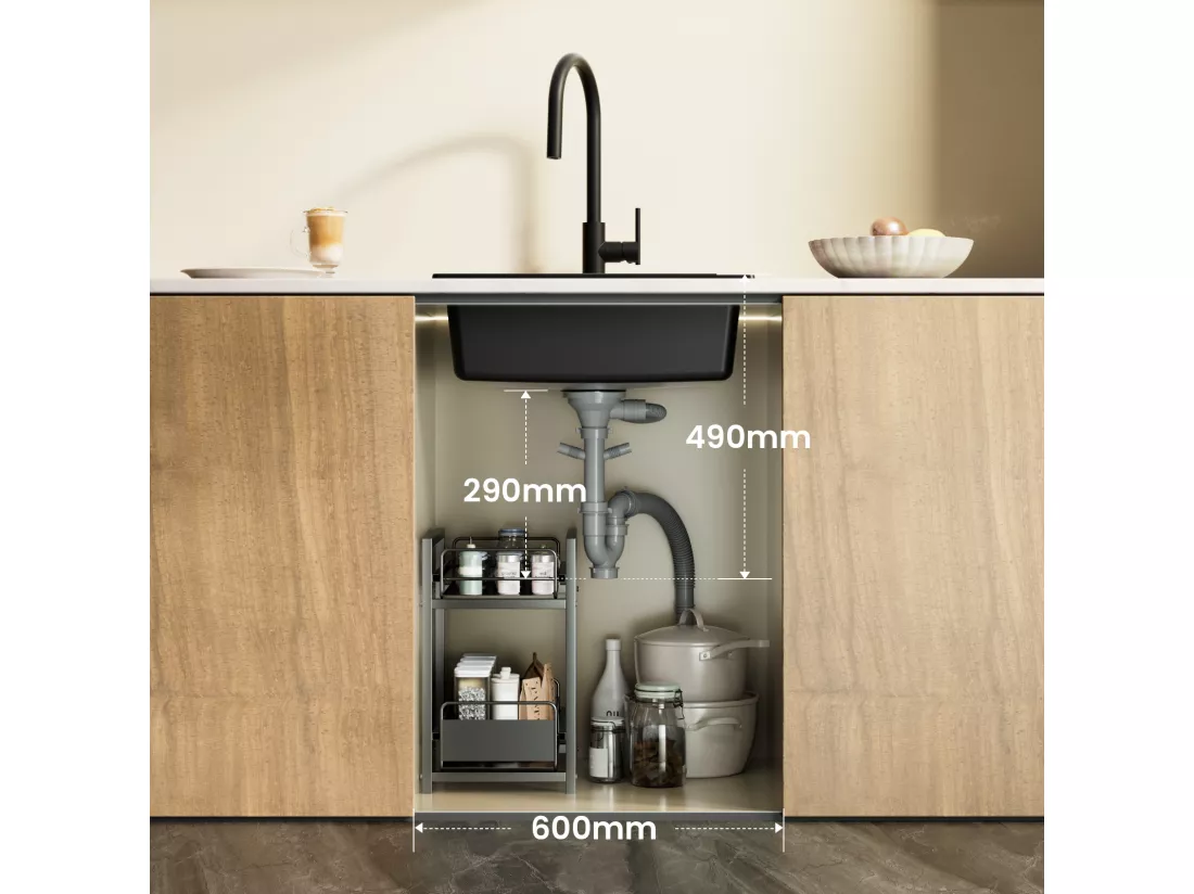 Evier 1 Bac en Quartz et Résine, 3 Options de Montage, 55*44*20cm + Robinet de Cuisine à eau Froide,Brossé