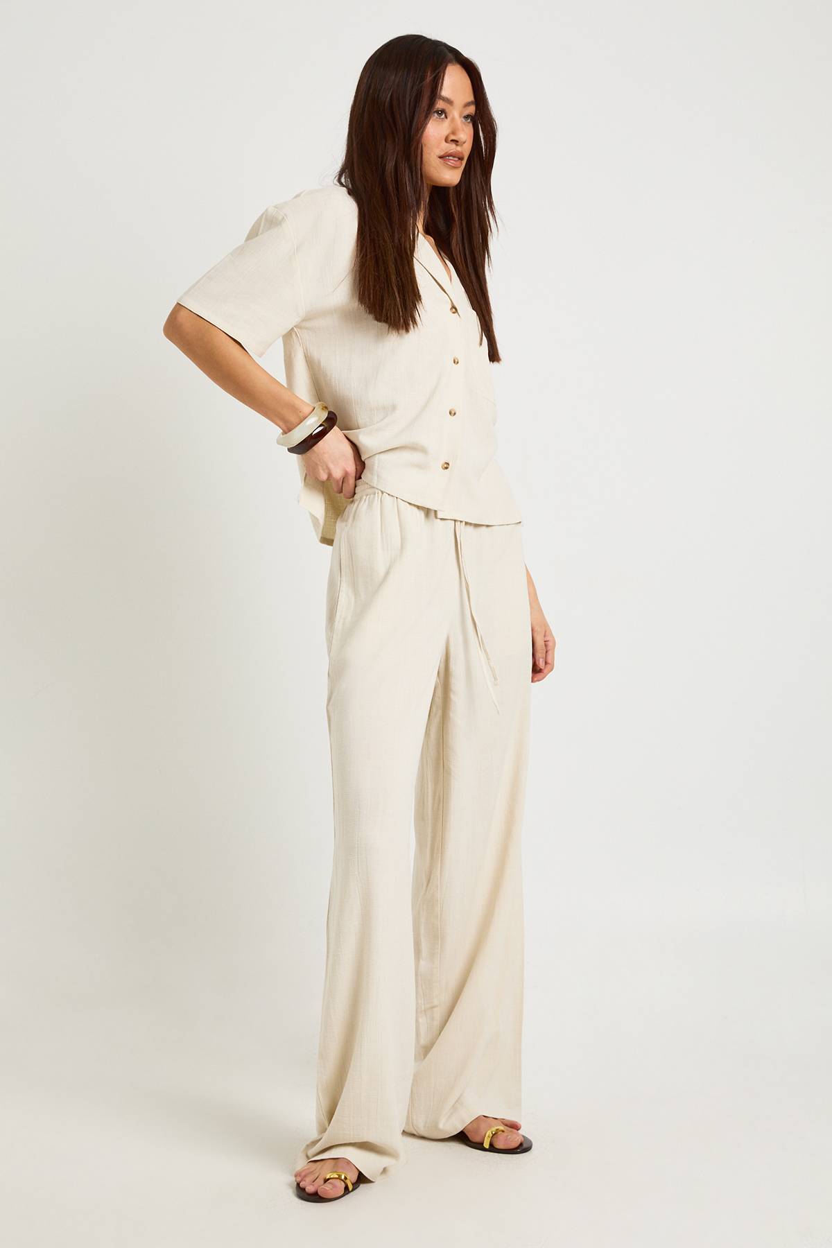 boohoo Chemise Haute En Lin Premium À Manches Courtes