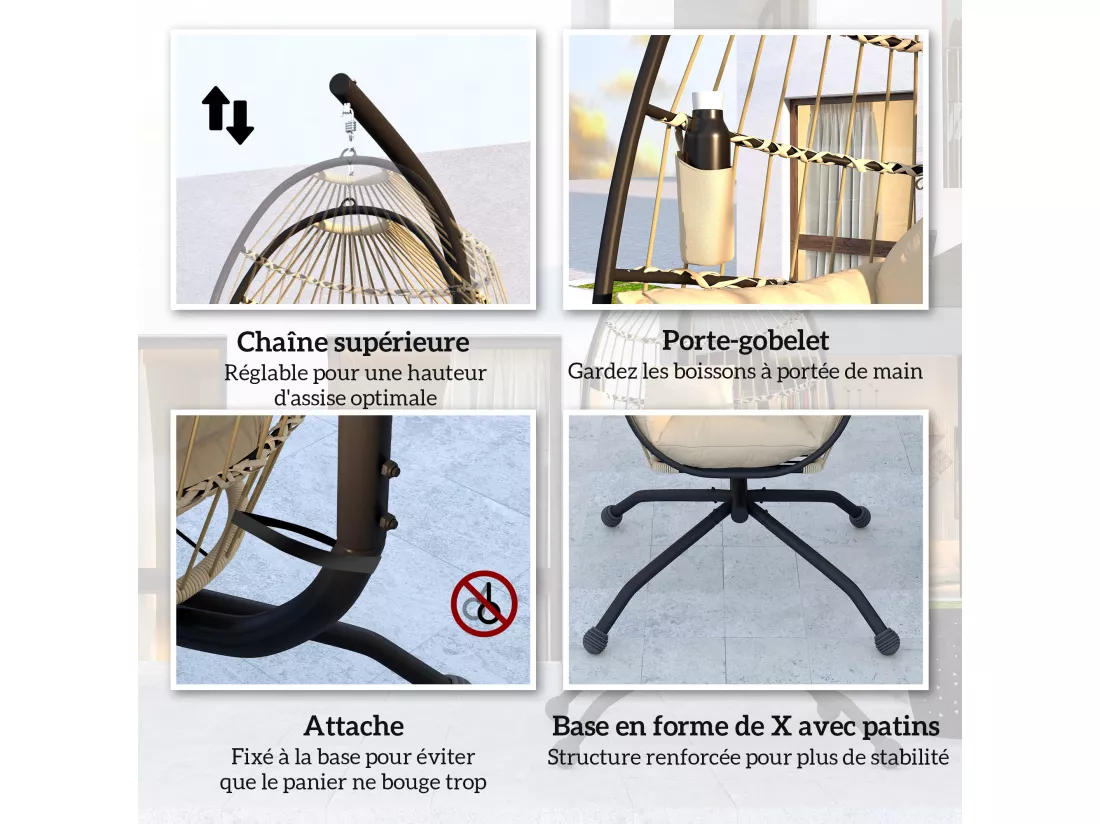 Fauteuil suspendu - fauteuil oeuf suspendu - panier pliable - épais coussin - porte-gobelet - acier noir résine tissu kaki
