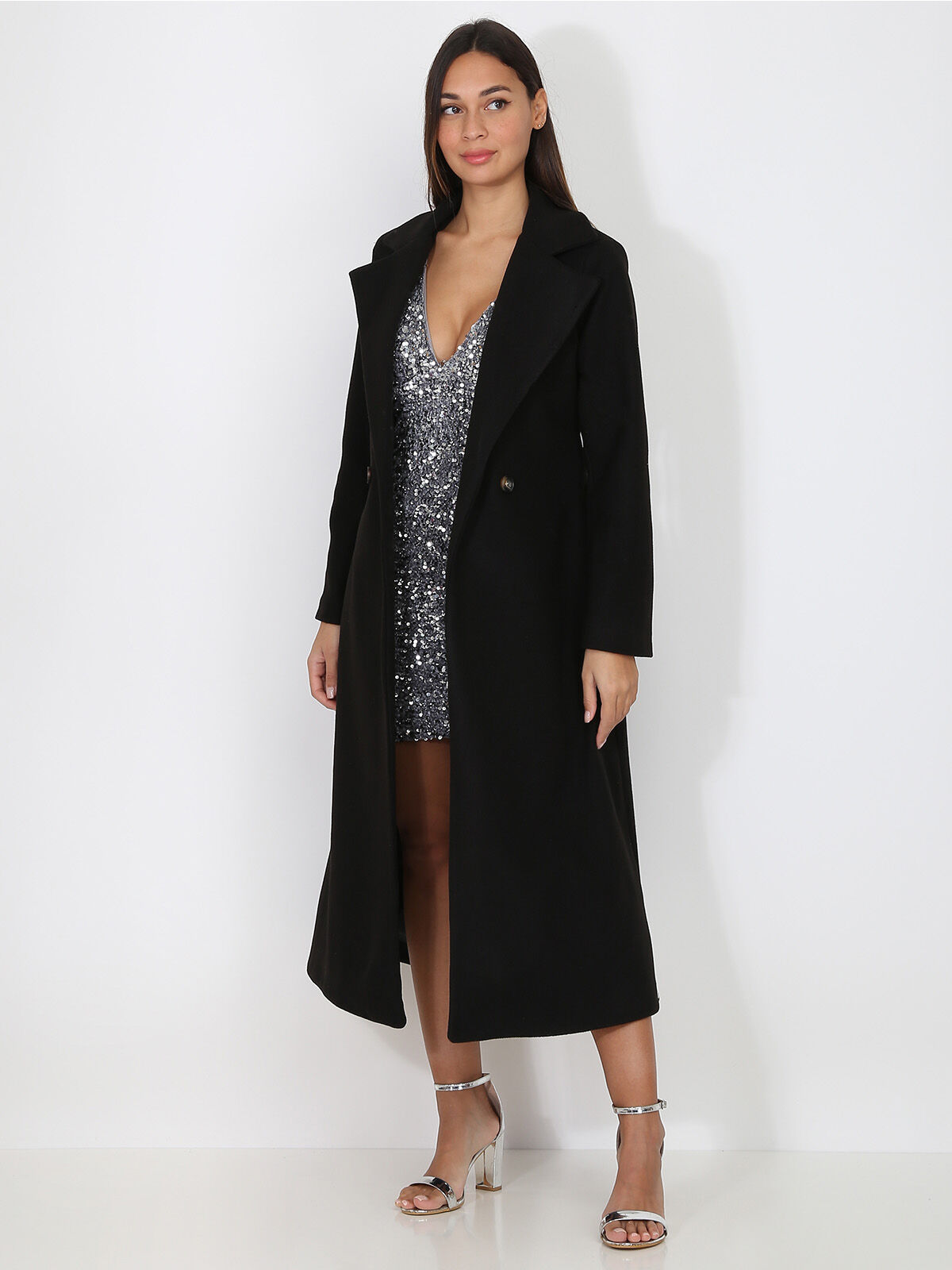 Manteau mi-long croisé et ceinturé- Noir