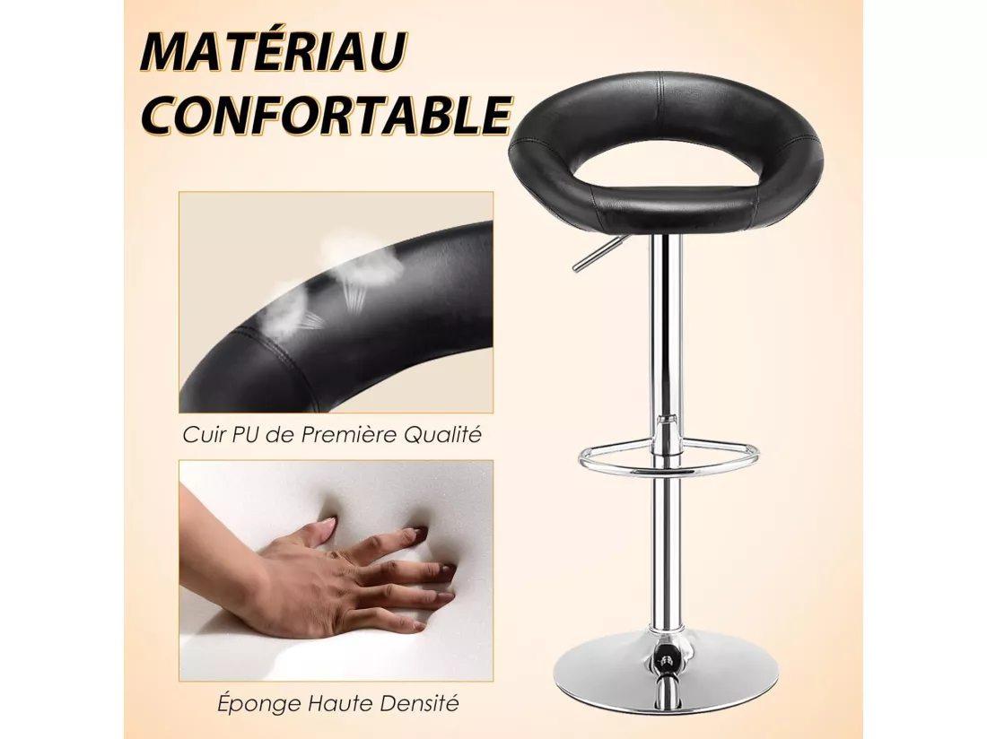 Lot de 2 Tabouret de Bar, Chaise de Bar Pivotante avec Repose-pieds, Hauteur Réglable 77-98 CM, Chaise Bar en Similicuir Moderne, Cadre en Métal, Tabouret de Cuisine pour Îlot, Bistrot