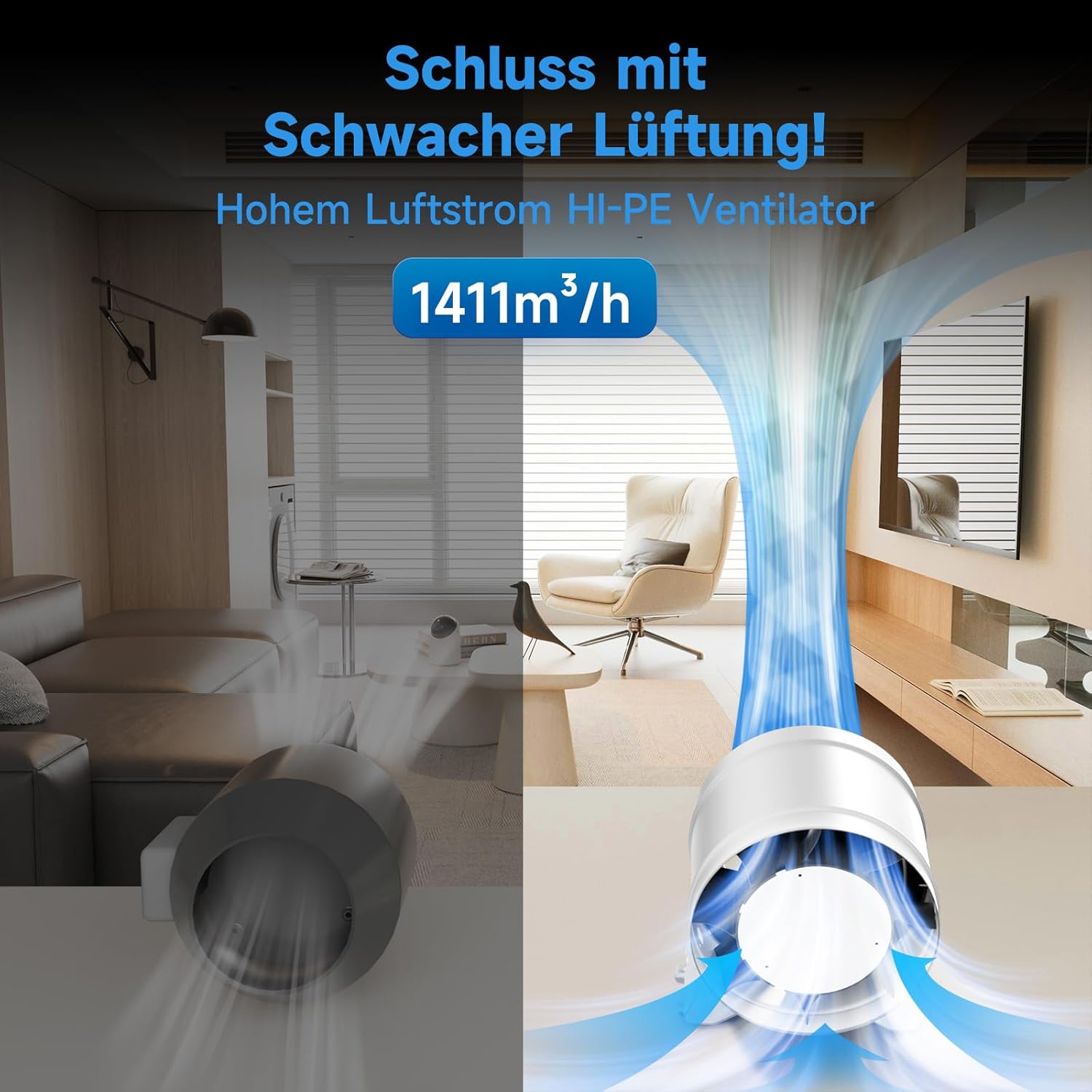 Hon&Guan HI-PE Rohrventilator 200mm Super Luftmenge 1411m³/h Energieeinsparung EC-Motor Geräuscharm Rohrlüfter Lüftungsgebläse für Growzelt Gewächshaus Garage Küche Belüftung