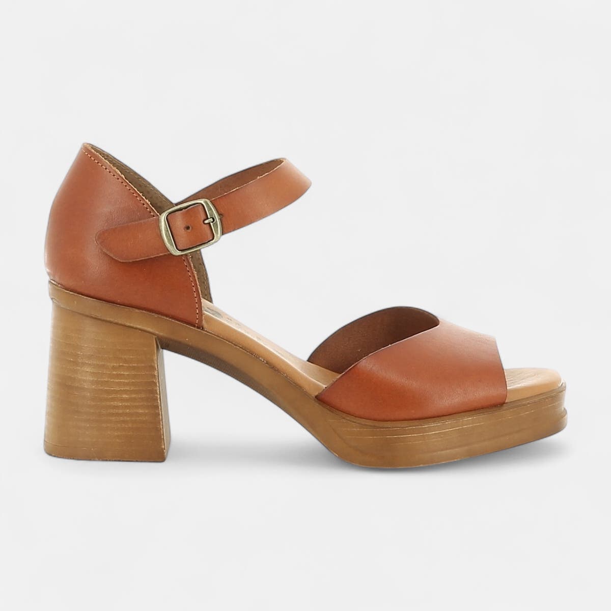 Nu-pieds à talon Femme en cuir cognac
