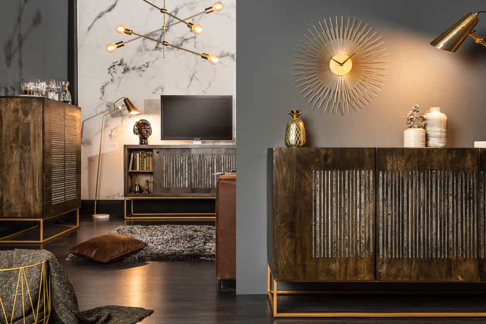 Massives Highboard ONYX 120cm dunkelbraun Mangoholz Edelstein Achat gold Metallgestell