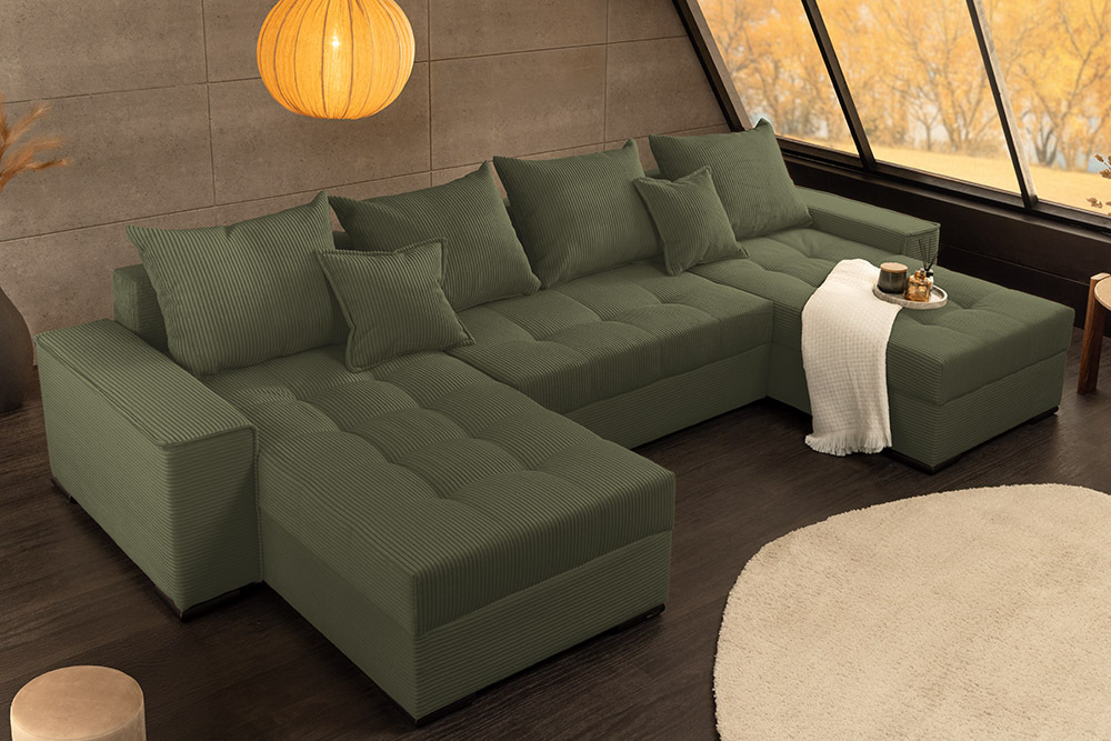XXL Wohnlandschaft LODGE 315cm grün Cord Sofa mit Schlaffunktion und Stauraum