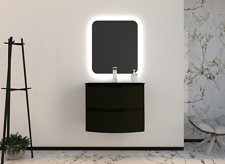 Ensemble Vague L.70 cm meuble sous vasque noir mat à suspendre + plan vasque verre noir mat