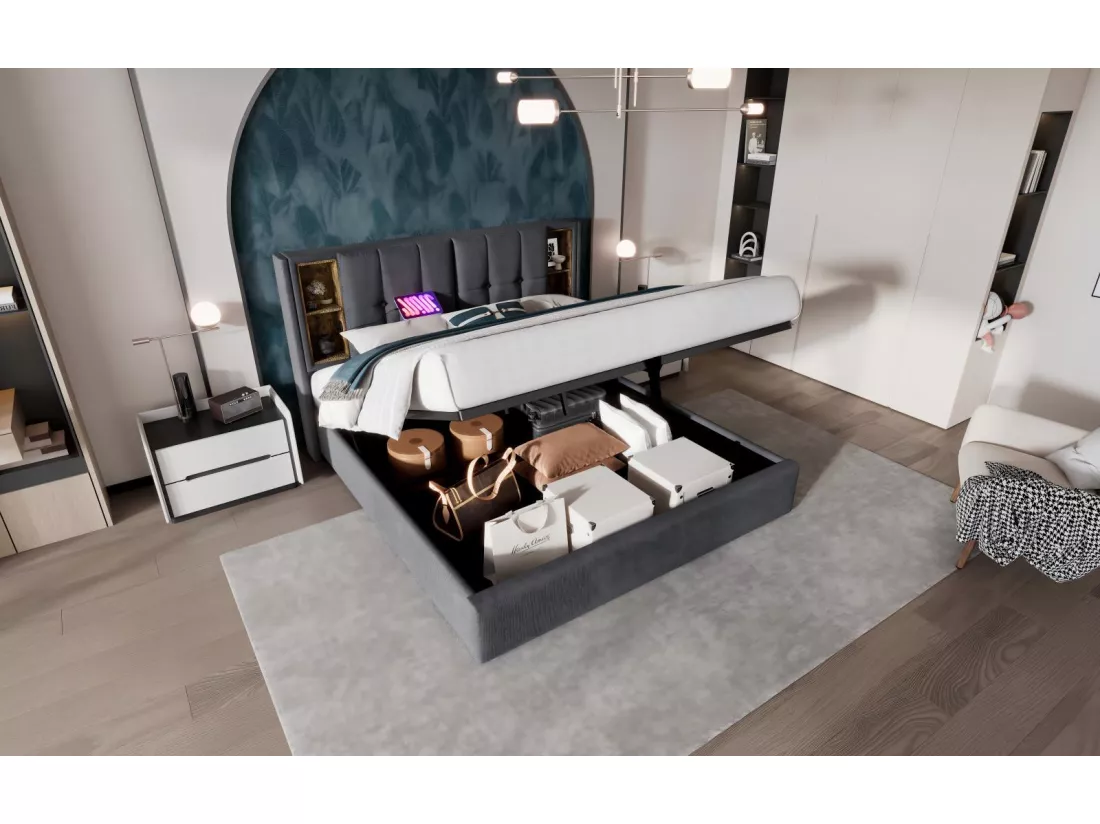 Lit coffre rembourré en coton 2 place, 140x200cm, avec charge sans fil USB et 4 tiroirs, Gris