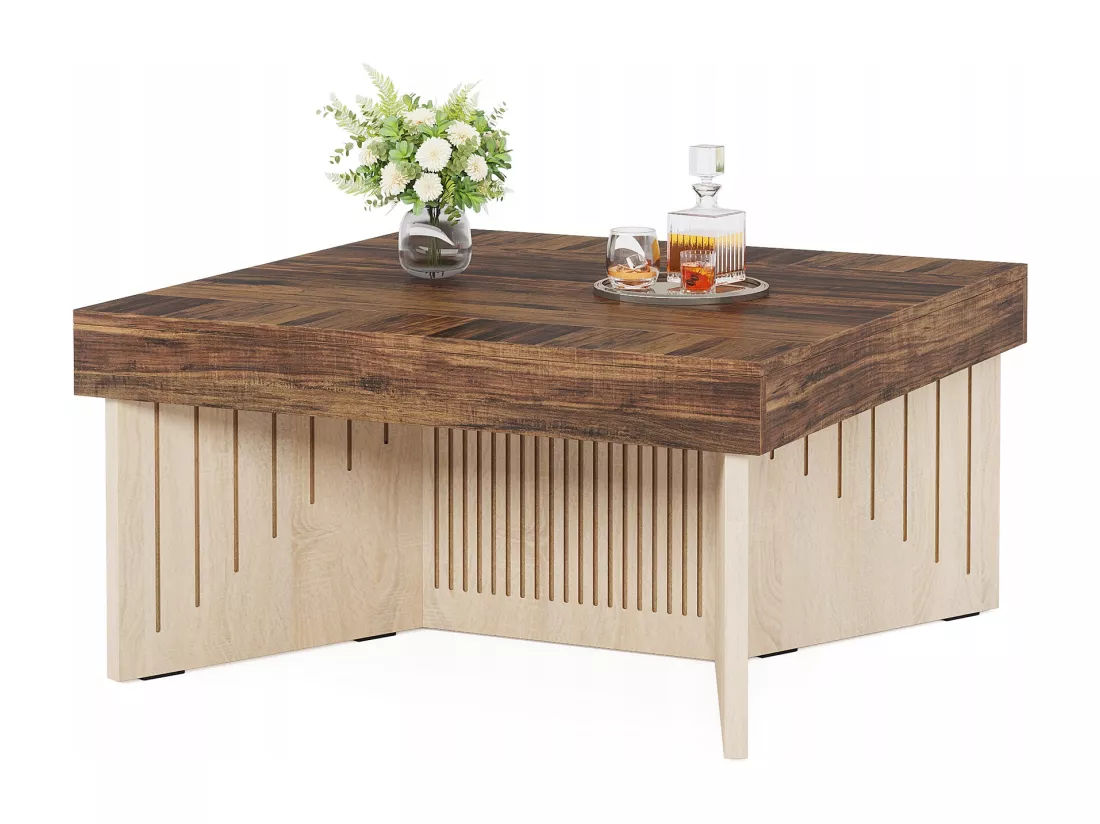 Tribesigns Table basse carrée en bois de 90 cm, table basse centrale de ferme avec lignes gravées, table basse pour salon