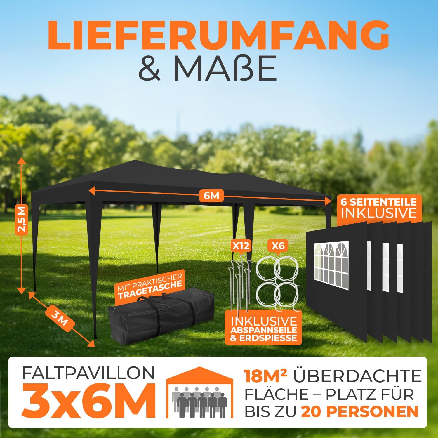 Kronenburg Faltpavillon wasserdicht Pavillon mit 6 Seitenteilen, Gartenzelt, 3x6 m - mit UV Schutz 50+, Schwarz