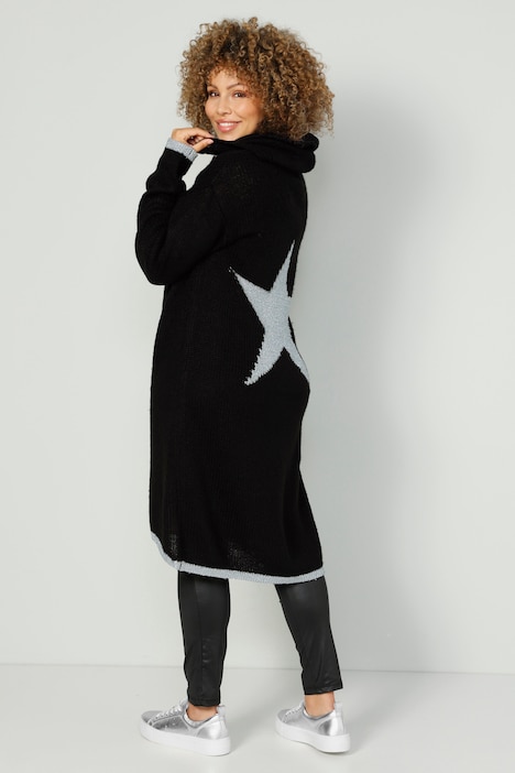 Long-Pullover, Kapuze, farbige Bündchen, Langarm