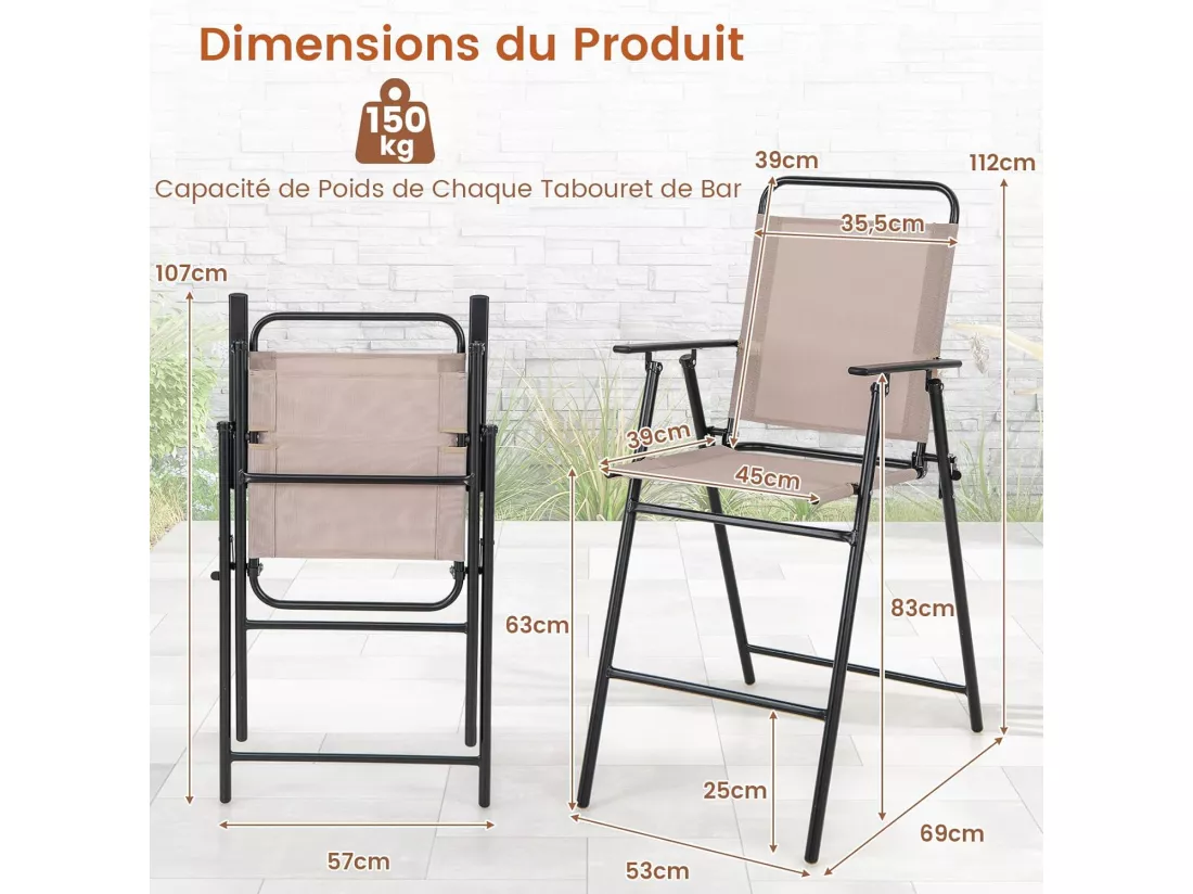 Lot de 2 Chaises de Jardin Pliantes avec Accoudoirs, Chaises d'Extérieur à Dossier Haut avec Cadre en Métal, Fauteuil de Jardin en Teslin Respirant pour Toutes Saisons, Charge 150KG(Beige)