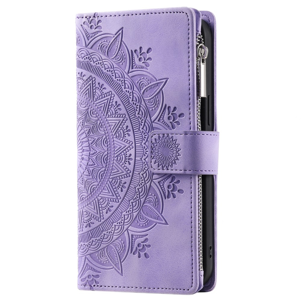 iPhone 16 Leder Tasche Flip Cover mit Reissverschluss - Mandala Flowers Imprint - Lila