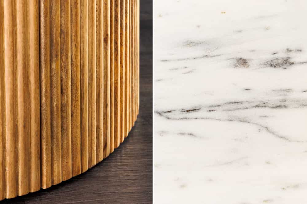 Design Esstisch TRES CHIC 140cm weiß Marmorplatte rund braun Mangoholz