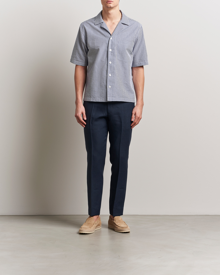 Oscar Jacobson Cuban Short Sleeve Seersucker Shirt Blue/White